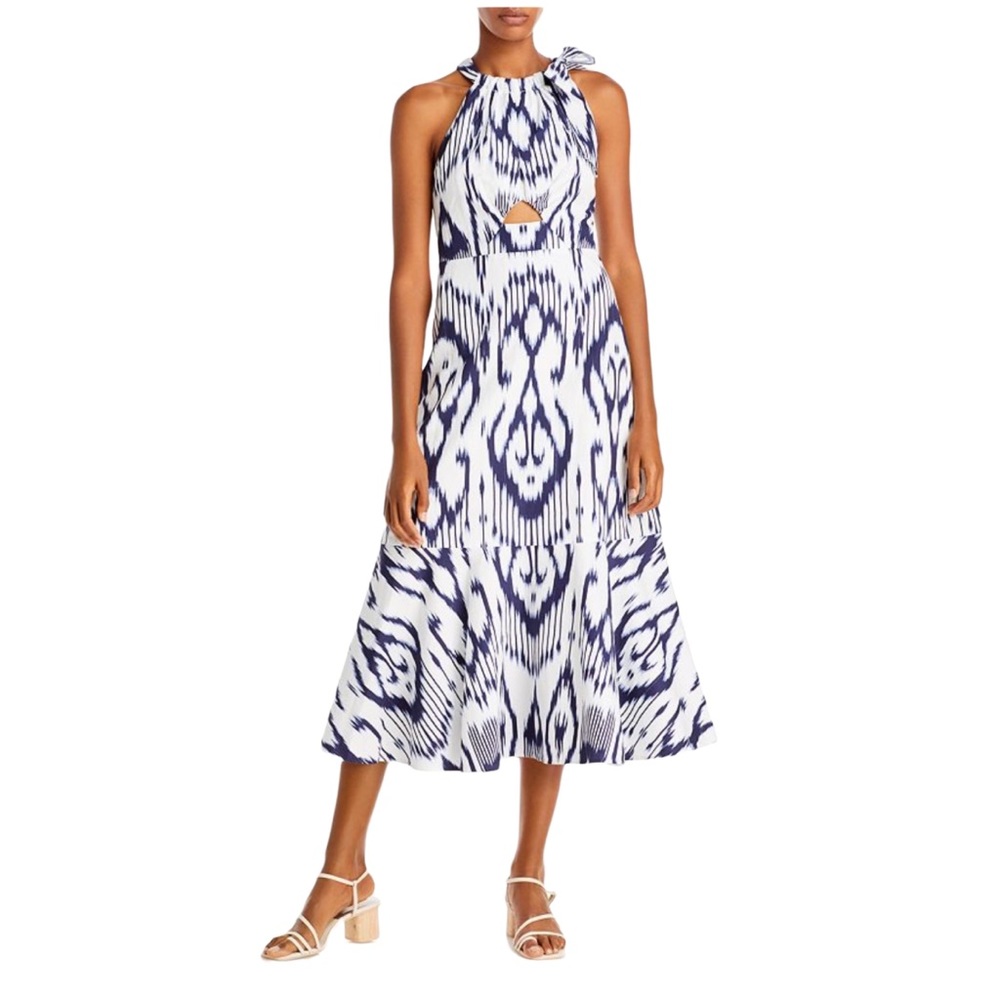 REBECCA TAYLOR Ikat Print Keyhole Cutout Midi Dress In Snow Combo Size 14